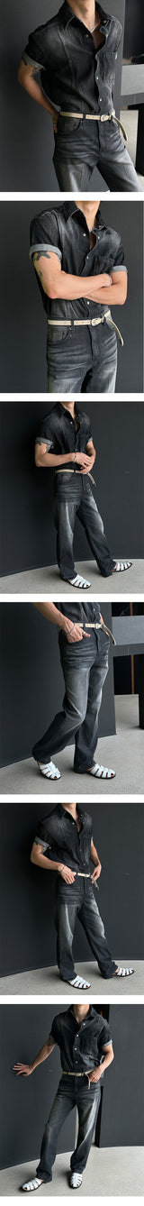 [MUSCLE FIT] Slit snap button denim shirts (3color)
