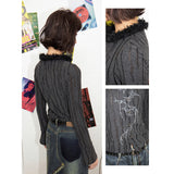 Printed deadwood print fur-collared cardigan