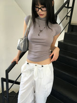 Homyoon キャップスリーブ ハーフポーラークロップタンクトップ Tシャツ