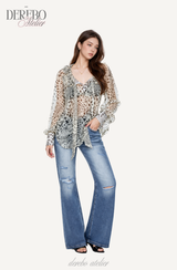Leopard see-through frill blouse