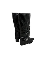 Double Buckle Shirred Stiletto Long Boots