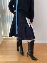 Dark blue raw cotton flared pleats midi skirt