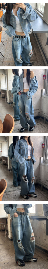 [Unisex] 膝下ダメージワイドデニムパンツ