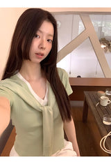 グリーンレイヤードVネックショートスリーブニットTシャツ