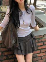 [SHOPPERMADE] Latte Suede Tiered Mini Skirt (2color)