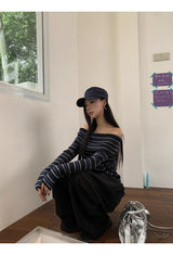 ストライプ スリム オフショルダー 長袖 ニット Tシャツ