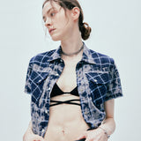 tie-dye western check crop shirts blue