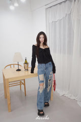 ブラックオフショルダー長袖Tシャツ