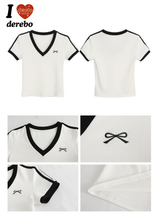 ブラックラインリボンVネック半袖Tシャツ