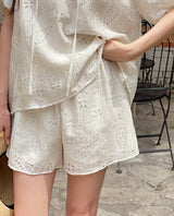 Eyelet Punching Blouse Banding Shorts Set