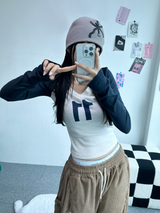 VネックデニムクロッププリントロゴスリーブT💚💙 - 2 カラーズ
