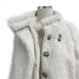 Classic Metal Wave Double Button High Neck Fur Coat (White)
