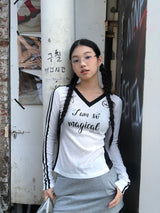V-neck sporty black line long-sleeved shirt