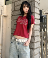 Untitled Frayed Embroidery Crop Short Sleeve Burgundy