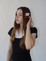 レースジップカラー半袖パフTシャツ(black)