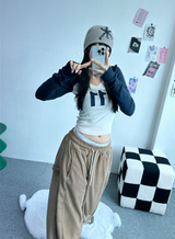VネックデニムクロッププリントロゴスリーブT💚💙 - 2 カラーズ