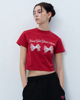 TWIN RIBBON CROP TSHIRT-RED