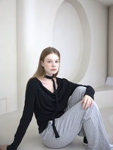 Drape Shirring Muffler T-shirt Black