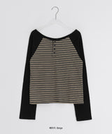 シャバニンストライプヘンリーネック長袖Tシャツ