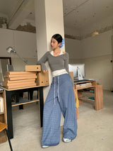 Blue Check Wide Casual Pants