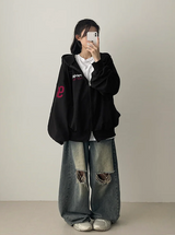 Moco Number Patch Embroidery Overfit Two Way Hooded Zip-Up