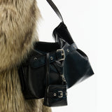 [SET] Medium Buckle Hobo Shoulder Cross Bag _ Black