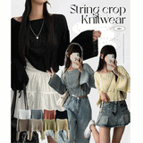 Pleated Unbalanced String Cropped Long-Sleeved Knitwear