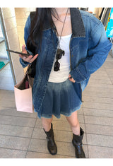 denim loose fit collar zip-up jacket two-piece (skirt set)