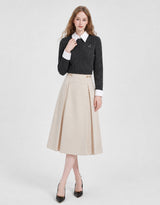 Mirabelle Gold Horsebit Pleated A-Line Midi Skirt Cream