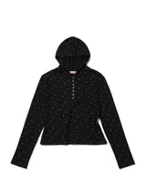 FLOWER WAFFLE BUTTON HOODIE - BLACK