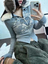 FUR🤎🧸CROPPED HALF PRINTING JUMPER ZIP UP🩶🖤2COLOR