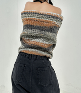 SNOWFLAKE COLOR-BLOCK BROWN OFF-SHOULDER LONG-SLEEVE KNIT