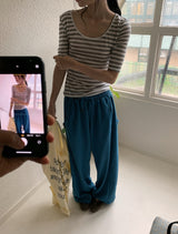 Yoka Stripe U-neck Layered Three Quarter Tee
