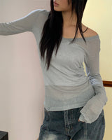 Rine リブ編みVネックシアーロングスリーブTシャツ
