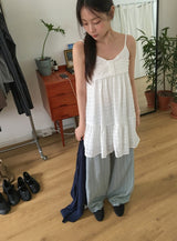 Omill Lace Shirring Sleeveless Midi Layered One Piece