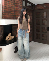 [Scarf SET] Mocha Lace Ribbed Short Sleeve Set