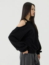 カットアウトホルターネックスウェットロングTシャツ, ブラック