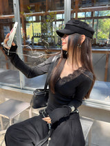 wool base lace V-neck long-sleeved t-shirt