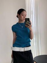 designer スタンドカラー半袖ニットウェア