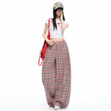 Pink Check Wide-Leg Straight Pants