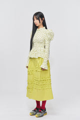Flower Pattern Crease Ruffle Blouse Yellow