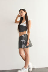 RIBBON PIN STRIPE LOW WAIST WRAP MINI SKIRT / GRAY