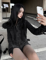 Black Fur Crop Denim Jacket