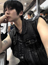 Semi-Cropped Multi-Pocket Denim Vest
