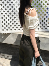 Sirom Ribbon Strap Ribbed Off Shoulder Short Sleeve T-Shirt
