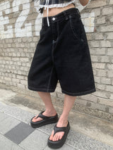 [🖤MD PICK] バックライン バックポイント バミューダデニムパンツ (Black)