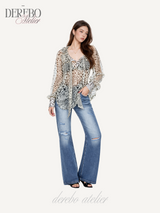 Leopard see-through frill blouse