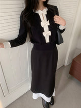 Quiet Bow Ribbon Trim Contrast Knit Long Sleeve Top
