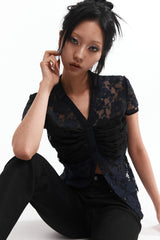 LACE SHIRRING SHIRT #NAVY&BLACK