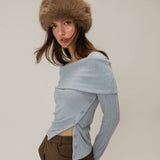 BUTTON OFF SHOULDER T-SHIRT / SKYBLUE